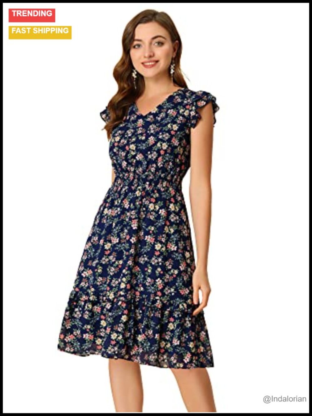 Allegra K Womens Floral Dress V Neck Ruffle Smocked Knee Length